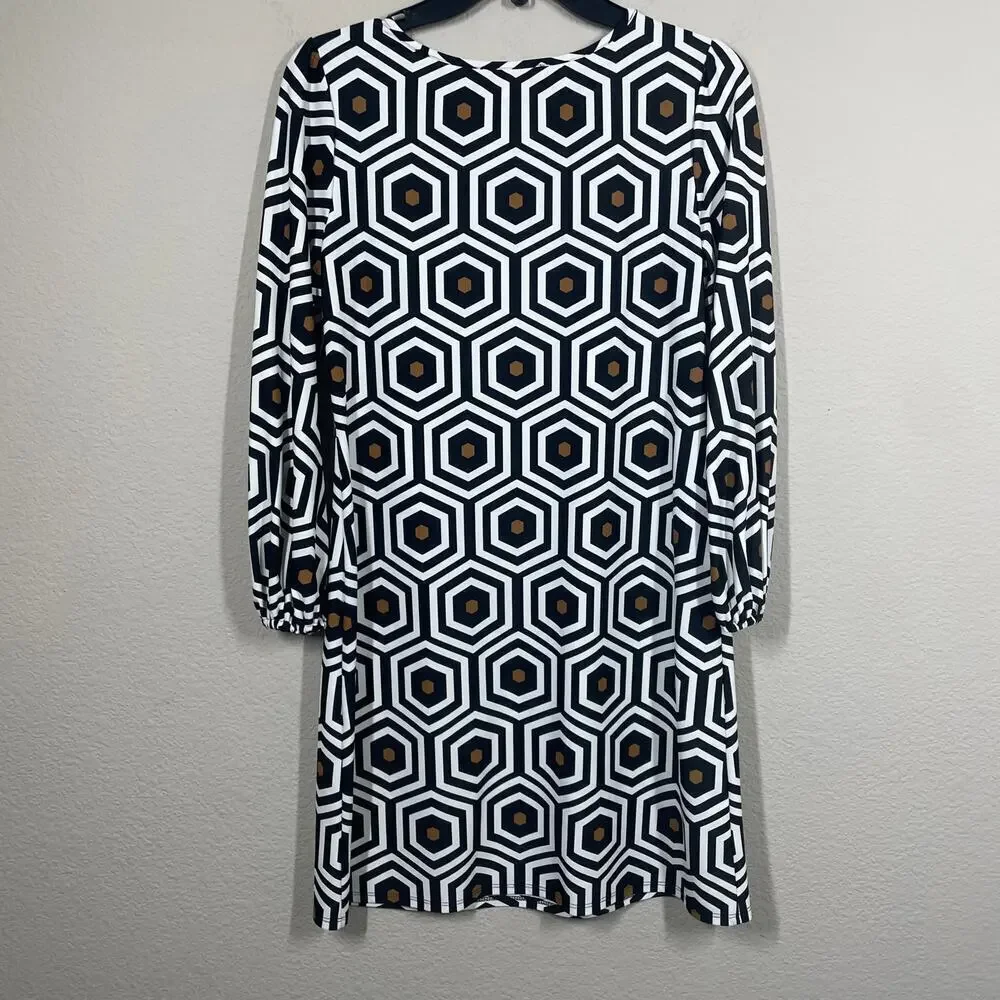 Jude Connally Small Geo Honeycomb Shift Dress Black White Crew Neck Long Sleeves - Picture 6 of 7